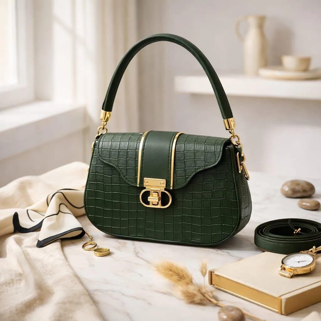 AURA ROYALE Premium Emerald Green Crocodile Pattern Crossbody Shoulder Bag for Women (With Gold Chain & Buckle Details