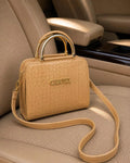 AURA ROYALE Luxury Beige Crocodile Pattern Handbag with Metal Handles & Crossbody Strap for Women