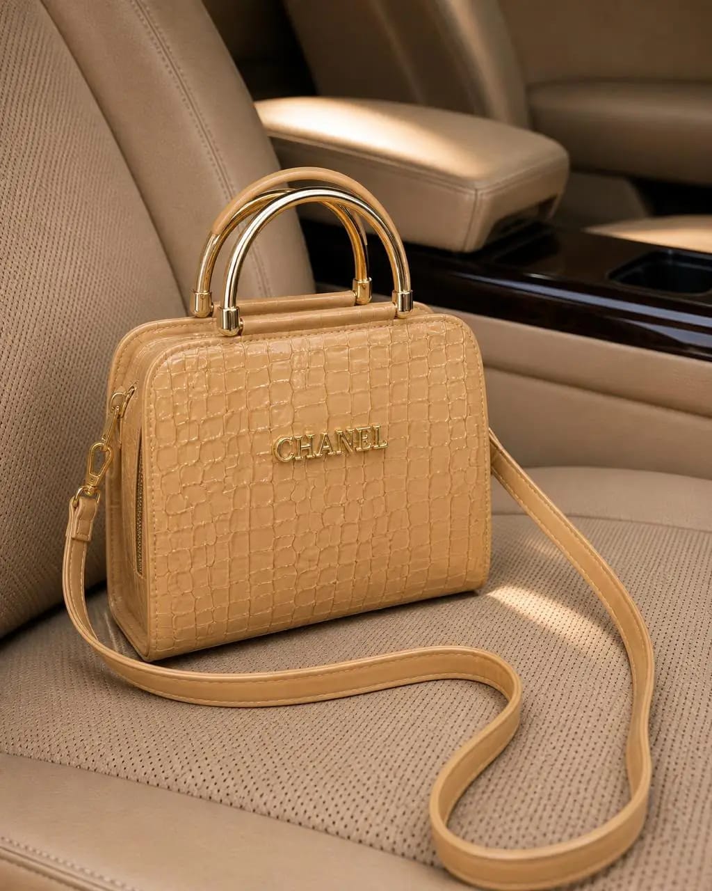 AURA ROYALE Luxury Beige Crocodile Pattern Handbag with Metal Handles & Crossbody Strap for Women
