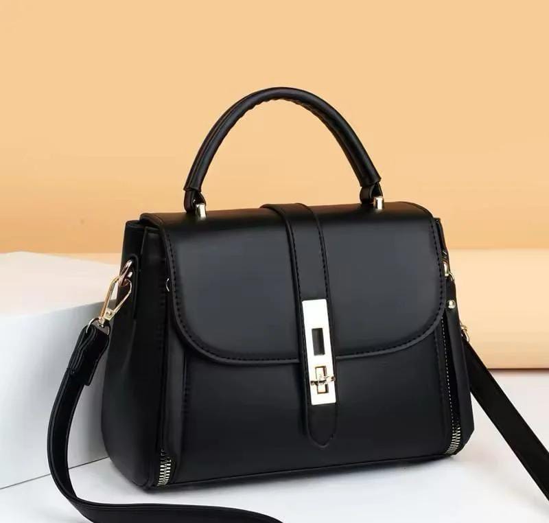 AURA ROYALE Classic Black Structured Top-Handle Handbag with Metallic Lock & Crossbody Strap for Women