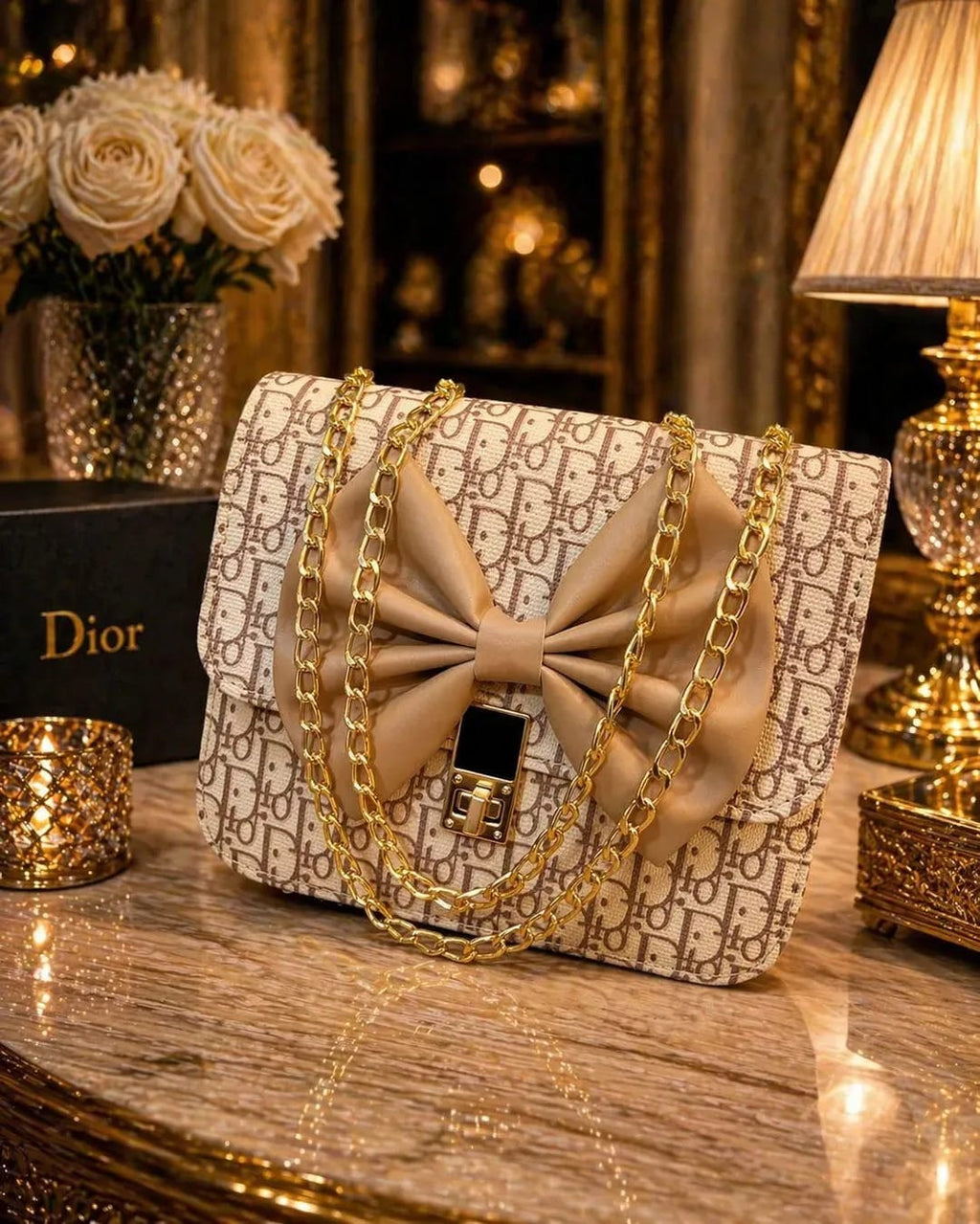 AURA ROYALE Luxury Monogram Canvas Crossbody Bag with Leather Bow & Gold Chain Strap for Women