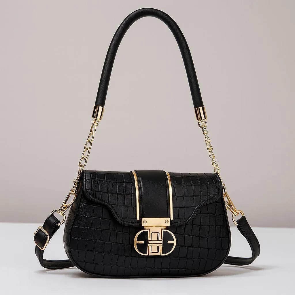 AURA LOYALE Premium Black Crocodile Pattern Shoulder & Crossbody Bag for Women