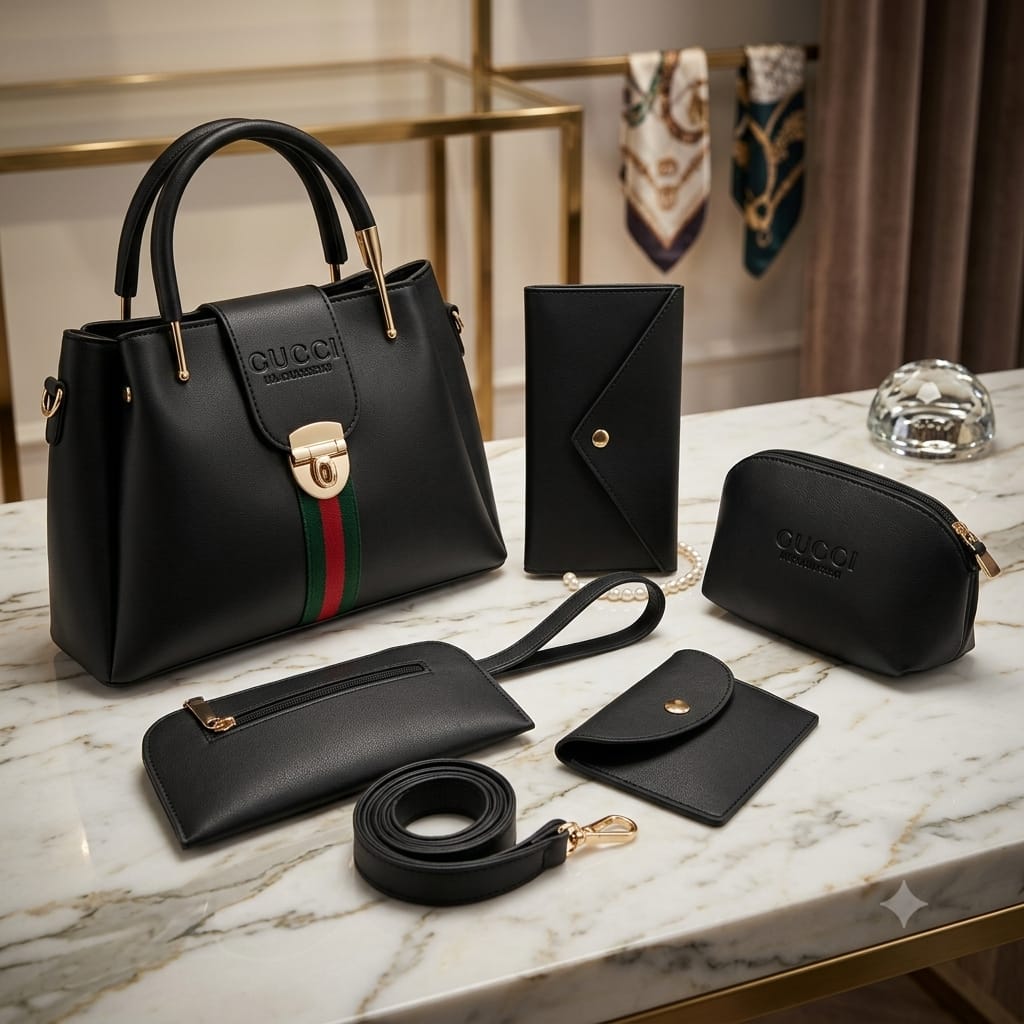 6-Piece Women's Luxury Matte Black Handbag Set – Tote Bag, Clutch, Cosmetics Pouch & Wallet Combo