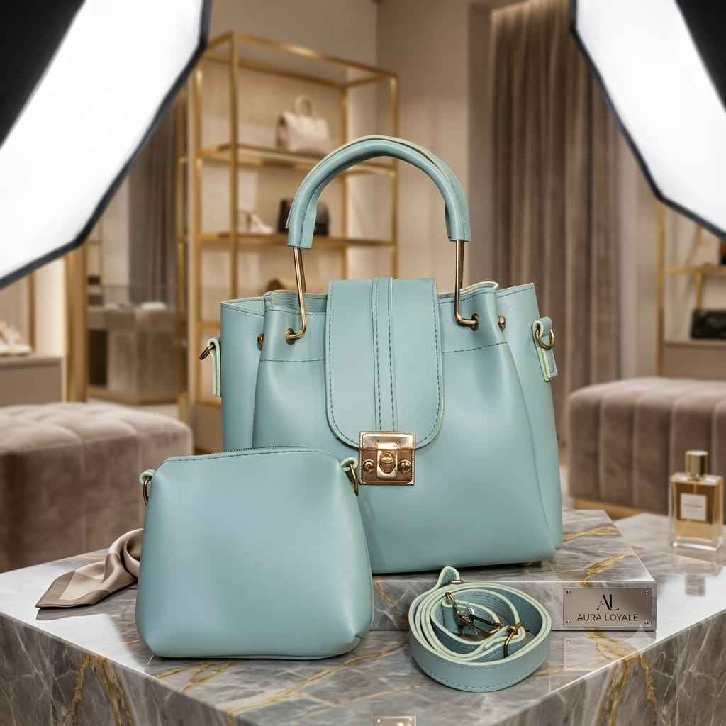 Aura Royale Mint Green Luxury 3-Piece Women's Handbag Set – Tote, Pouch & Crossbody Strap